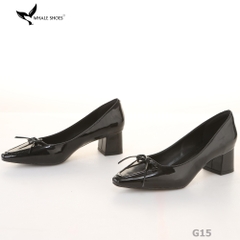 Giày Cao Gót Mũi Vuông Whaleshoes 5cm Da Bóng Đính Nơ Lót Êm Đế Chống Trơn Trượt-G15