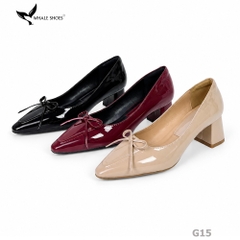 Giày Cao Gót Mũi Vuông Whaleshoes 5cm Da Bóng Đính Nơ Lót Êm Đế Chống Trơn Trượt-G15
