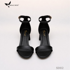 Giày Sandal nữ Whale Shoes mũi tròn gót vuông 4cm bản ngang, da mềm êm chân, đế chống trượt-SD02