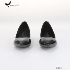 Giày cao gót nữ Whale Shoes 4cm da bóng, gót vuông mica viền vàng mũi nhọn-G03
