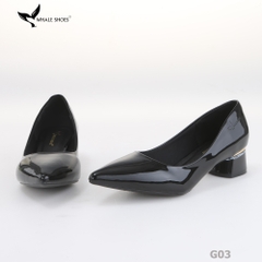 Giày cao gót nữ Whale Shoes 4cm da bóng, gót vuông mica viền vàng mũi nhọn-G03