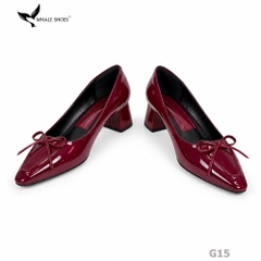 Giày Cao Gót Mũi Vuông Whaleshoes 5cm Da Bóng Đính Nơ Lót Êm Đế Chống Trơn Trượt-G15