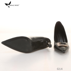 (Giảm size) Giày cao gót Whale Shoes 8cm, bít mũi, da mờ, đính khóa, lót êm, đế chống trượt-G14