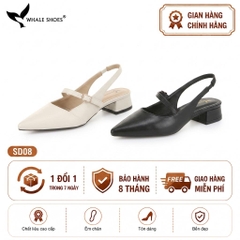 Giày slingback nữ Whale Shoes 3cm mũi nhọn da mờ, gót vuông bọc da, đế chống trượt-SD08