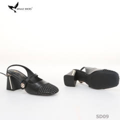 Giày cao gót nữ mũi vuông Whale Shoes 7cm, 6cm, phối lưới đính đá, gót vuông mạ vàng, đế chống trượt-SD09