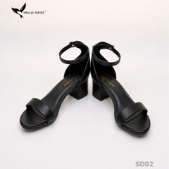 Giày Sandal nữ Whale Shoes mũi tròn gót vuông 4cm bản ngang, da mềm êm chân, đế chống trượt-SD02