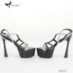 Giày Sandal hoa hậu Whale Shoes 15cm mũi tròn da bóng, dây đá sáng, đế chống trượt-SD15