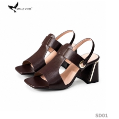 Giày Sandal nữ Whale Shoes 7cm, mũi vuông 7cm sơn vân da, viền mạ vàng, đế chống trượt-SD01