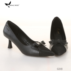 Giày cao gót bít mũi Whale Shoes 6cm, họa tiết lưới nơ, da mờ, lót êm, đế chống trượt-G08