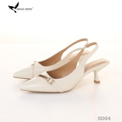 Giày Slingback Whale Shoes 5cm mũi nhọn, hậu vuông da mờ, đính khoá mạ vàng-SD04