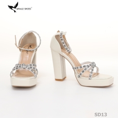 Giày Sandal nữ  Whale Shoes 10cm mũi vuông da mờ đúp mũi 3cm, dây đá, gót trụ, đế chống trượt-SD13