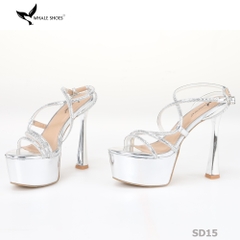 Giày Sandal hoa hậu Whale Shoes 15cm mũi tròn da bóng, dây đá sáng, đế chống trượt-SD15