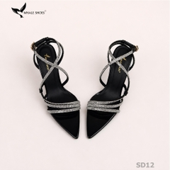 Giày hoa hậu Whale Shoes 11cm mũi nhọn da bóng, dây đính đá, đúp mũi 1cm, đế chống trượt-SD12