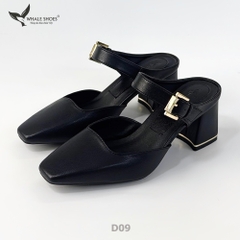 Dép Sục nữ  Whaleshoes Gót 7cm Gót Vuông Quai Khóa Kim Loại Vàng Gold Thanh Lịch-D09