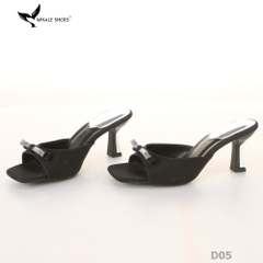 Dép (guốc) nữ Whale Shoes 6cm (tăng size) mũi vuông vân da dưa lưới, nơ đính đá, đế chống trượt-D05