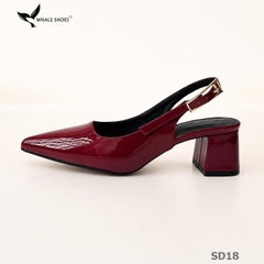 Giày Slingback Whale Shoes 5cm mũi nhọn, gót vuông bọc da, khóa cài hông-SD18