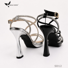 Giày hoa hậu Whale Shoes 11cm mũi nhọn da bóng, dây đính đá, đúp mũi 1cm, đế chống trượt-SD12
