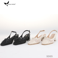 Giày slingback Whale Shoes mũi vuông da mờ phối  lưới, đính nơ, gót trụ bọc da, đế chống trượt-SD05