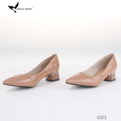 Giày cao gót nữ Whale Shoes 4cm da bóng, gót vuông mica viền vàng mũi nhọn-G03