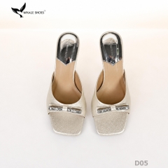 Dép (guốc) nữ Whale Shoes 6cm (tăng size) mũi vuông vân da dưa lưới, nơ đính đá, đế chống trượt-D05