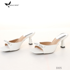 Dép (guốc) nữ Whale Shoes 6cm (tăng size) mũi vuông vân da dưa lưới, nơ đính đá, đế chống trượt-D05