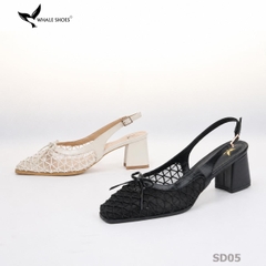 Giày slingback Whale Shoes mũi vuông da mờ phối  lưới, đính nơ, gót trụ bọc da, đế chống trượt-SD05