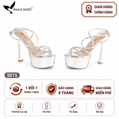 Giày Sandal hoa hậu Whale Shoes 15cm mũi tròn da bóng, dây đá sáng, đế chống trượt-SD15