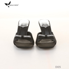 Dép (guốc) nữ Whale Shoes 6cm (tăng size) mũi vuông vân da dưa lưới, nơ đính đá, đế chống trượt-D05