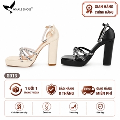 Giày Sandal nữ  Whale Shoes 10cm mũi vuông da mờ đúp mũi 3cm, dây đá, gót trụ, đế chống trượt-SD13