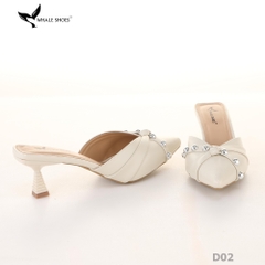 Sục cao gót nữ 6cm Whale Shoes (Tăng size) mũi nhọn cổ tim đen, đính đá, đế chống trượt-D02