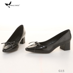 Giày Cao Gót Mũi Vuông Whaleshoes 5cm Da Bóng Đính Nơ Lót Êm Đế Chống Trơn Trượt-G15