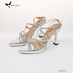 Giày hoa hậu Whale Shoes 11cm mũi nhọn da bóng, dây đính đá, đúp mũi 1cm, đế chống trượt-SD12