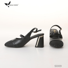 Giày cao gót nữ mũi vuông Whale Shoes 7cm, 6cm, phối lưới đính đá, gót vuông mạ vàng, đế chống trượt-SD09