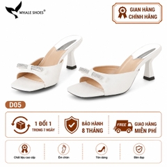 Dép (guốc) nữ Whale Shoes 6cm (tăng size) mũi vuông vân da dưa lưới, nơ đính đá, đế chống trượt-D05