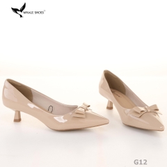 Giày Cao Gót Whale Shoes 4cm, da bóng và da mờ, mũi nhọn đính nơ, lót êm, đế chống trượt-G12