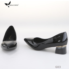 Giày cao gót nữ Whale Shoes 4cm da bóng, gót vuông mica viền vàng mũi nhọn-G03