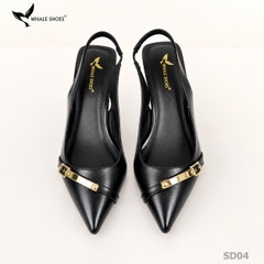 Giày Slingback Whale Shoes 5cm mũi nhọn, hậu vuông da mờ, đính khoá mạ vàng-SD04