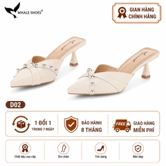 Sục cao gót nữ 6cm Whale Shoes (Tăng size) mũi nhọn cổ tim đen, đính đá, đế chống trượt-D02