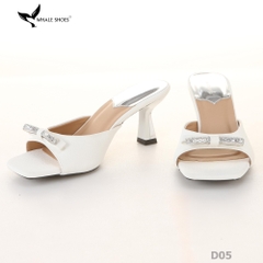 Dép (guốc) nữ Whale Shoes 6cm (tăng size) mũi vuông vân da dưa lưới, nơ đính đá, đế chống trượt-D05