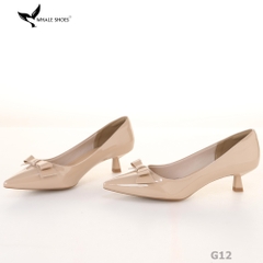 Giày Cao Gót Whale Shoes 4cm, da bóng và da mờ, mũi nhọn đính nơ, lót êm, đế chống trượt-G12
