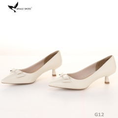Giày Cao Gót Whale Shoes 4cm, da bóng và da mờ, mũi nhọn đính nơ, lót êm, đế chống trượt-G12