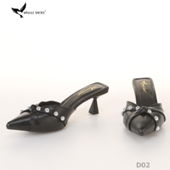 Sục cao gót nữ 6cm Whale Shoes (Tăng size) mũi nhọn cổ tim đen, đính đá, đế chống trượt-D02