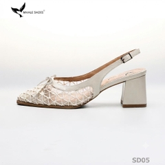 Giày slingback Whale Shoes mũi vuông da mờ phối  lưới, đính nơ, gót trụ bọc da, đế chống trượt-SD05