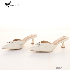 Sục cao gót nữ 6cm Whale Shoes (Tăng size) mũi nhọn cổ tim đen, đính đá, đế chống trượt-D02