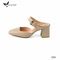 Dép Sục nữ  Whaleshoes Gót 7cm Gót Vuông Quai Khóa Kim Loại Vàng Gold Thanh Lịch-D09