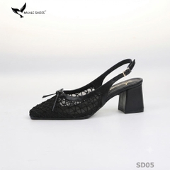 Giày slingback Whale Shoes mũi vuông da mờ phối  lưới, đính nơ, gót trụ bọc da, đế chống trượt-SD05