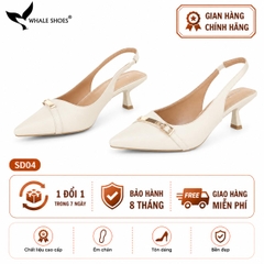 Giày Slingback Whale Shoes 5cm mũi nhọn, hậu vuông da mờ, đính khoá mạ vàng-SD04