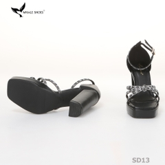 Giày Sandal nữ  Whale Shoes 10cm mũi vuông da mờ đúp mũi 3cm, dây đá, gót trụ, đế chống trượt-SD13