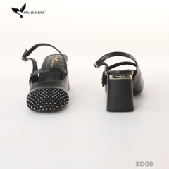 Giày cao gót nữ mũi vuông Whale Shoes 7cm, 6cm, phối lưới đính đá, gót vuông mạ vàng, đế chống trượt-SD09
