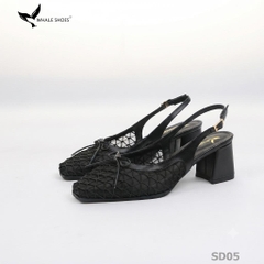 Giày slingback Whale Shoes mũi vuông da mờ phối  lưới, đính nơ, gót trụ bọc da, đế chống trượt-SD05